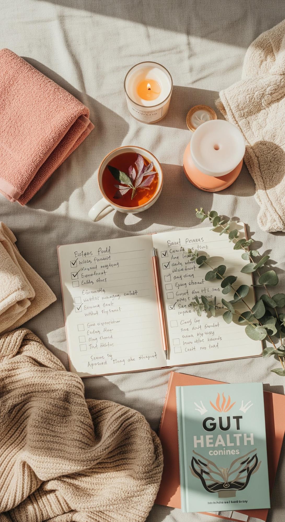 A cozy morning setting featuring a neatly arranged journal with checklists, a steaming cup of tea garnished with leaves, scented candles, and soft towels on a beige blanket. Nearby is a book titled "Gut Health" with a plant accenting the scene, creating a peaceful and inviting atmosphere.