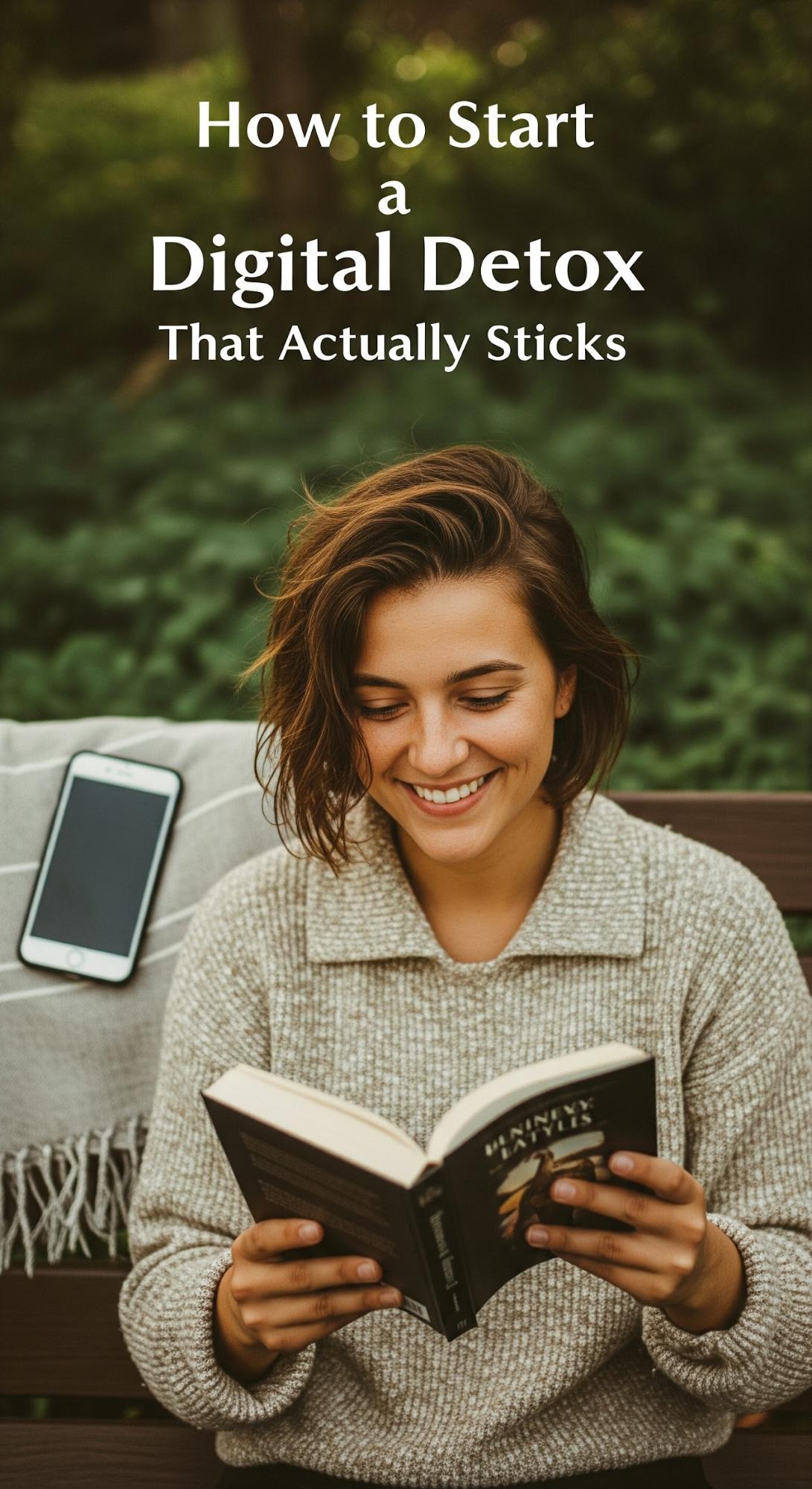 A smiling woman sits on a bench outdoors reading a book, with her phone placed face-down beside her on a striped blanket. She wears a cozy beige sweater and appears relaxed and present. Text on the image reads: “How to Start a Digital Detox That Actually Sticks.” Lush greenery fills the background.