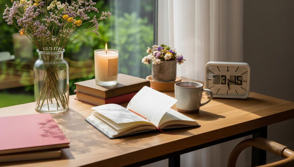 A well-lit desk by the window featuring an open notebook, a steaming mug, an analog clock showing 3:15, and decorative items like flowers in a vase and a burning candle.