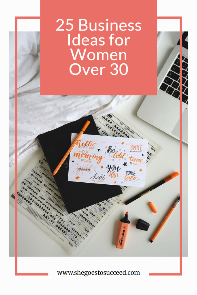 The image is a graphic titled "25 Business Ideas for Women Over 30." It features a composition with handwritten motivational quotes, pens, a highlighter, and a laptop. The website "www.shegoestosucceed.com" is indicated at the bottom.