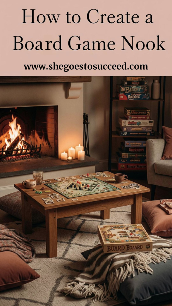 Cozy board game nook with a warm fireplace, flickering candles, and a low wooden table topped with a board game. Soft pillows and blankets are scattered around on a patterned rug. Shelves are filled with various board games, creating an inviting atmosphere for relaxation and play.