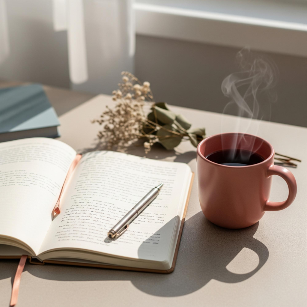 The image shows an open book with a pen resting on it and a steaming cup of coffee beside it on a table. Sunlight streams through a window, and there are dried flowers nearby. This setting suggests a moment of reflection, perhaps on the concept of redefining success, emphasizing introspection and personal growth.