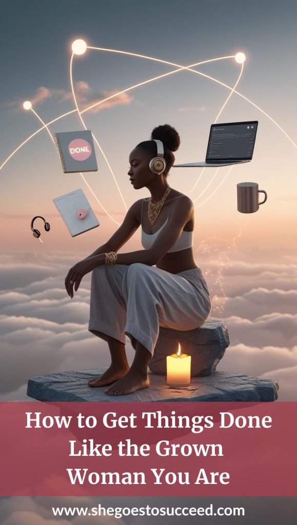 Woman in her 30s sitting calmly on a floating stone platform above a soft, dreamy city at sunrise. Surrounded by symbols of productivity like a planner, laptop, coffee mug, headphones, and a candle. Peaceful, focused atmosphere in rose, slate blue, and gold tones.