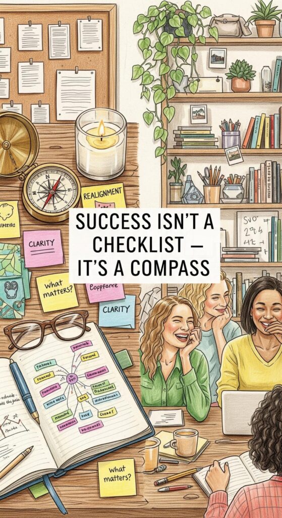An illustrated scene of a creative workspace features a cork board with notes, a plant cascading over shelves, and a candle beside an open notebook showing a mind map. A group of women are laughing and collaborating, surrounded by sticky notes labeled “Clarity” and “What matters?” A compass lies nearby, highlighting the metaphor. Text overlay states: “Success isn’t a checklist — it’s a compass,” emphasizing direction over mere achievement. Mood: collaborative, intentional, and reflective.