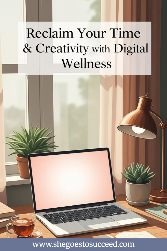 A cozy workspace with a laptop, two potted plants, a cup of tea, and a lamp on a wooden desk by a window. The text reads, "Reclaim Your Time & Creativity with Digital Wellness." At the bottom, the website URL "www.shegoestosucceed.com" is displayed.